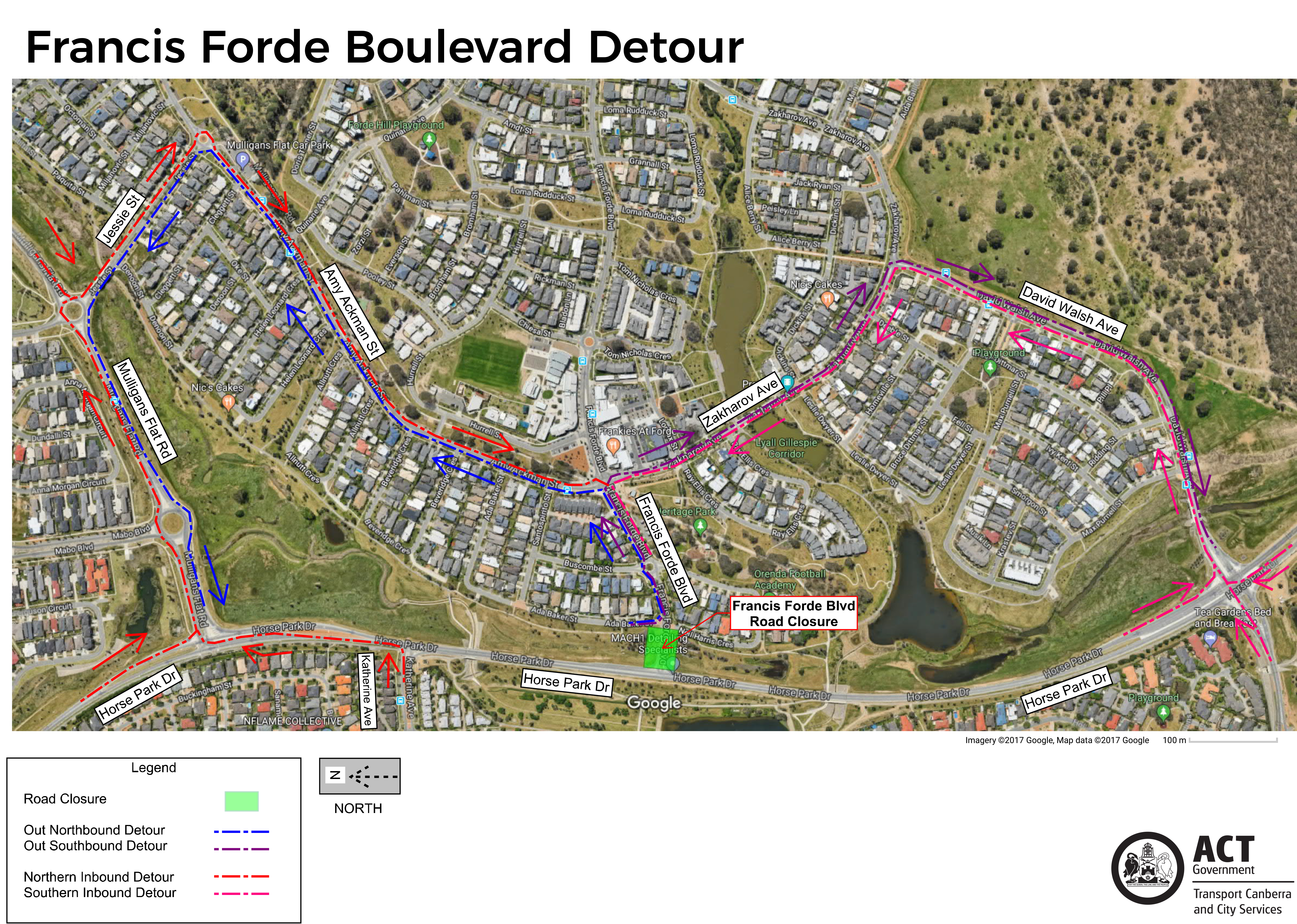 Detours for closure at Francis Forde Boulevard