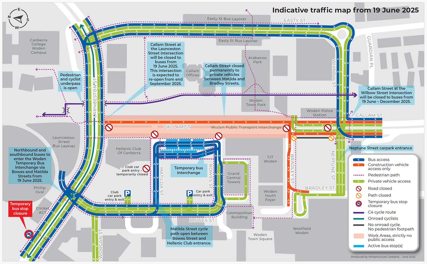 A map of changes to Callam Street for Woden Public Transport Interchange construction.