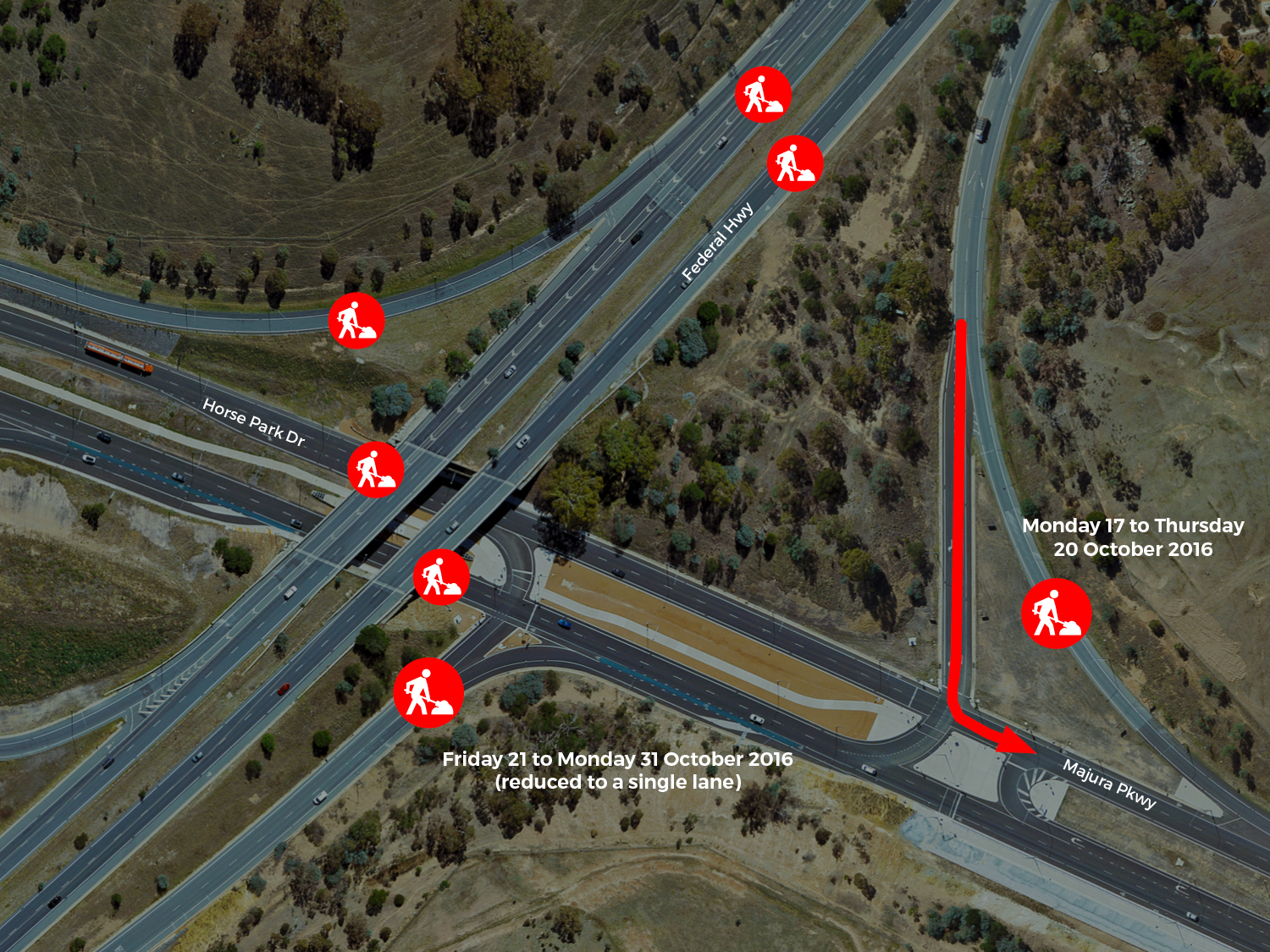 Works will take place on the Federal Highway southbound ramps from Monday 17 to Monday 31 October 2016 (weather permitting).  The southbound off ramp onto the Majura Parkway will be closed between 9.30 am and 6 pm over four days in this period. Detour signs will direct motorists to turn left at the Majura Parkway traffic signals.  The citybound on ramp from the Majura Parkway will be reduced to a single lane for up to 10 days in this period.