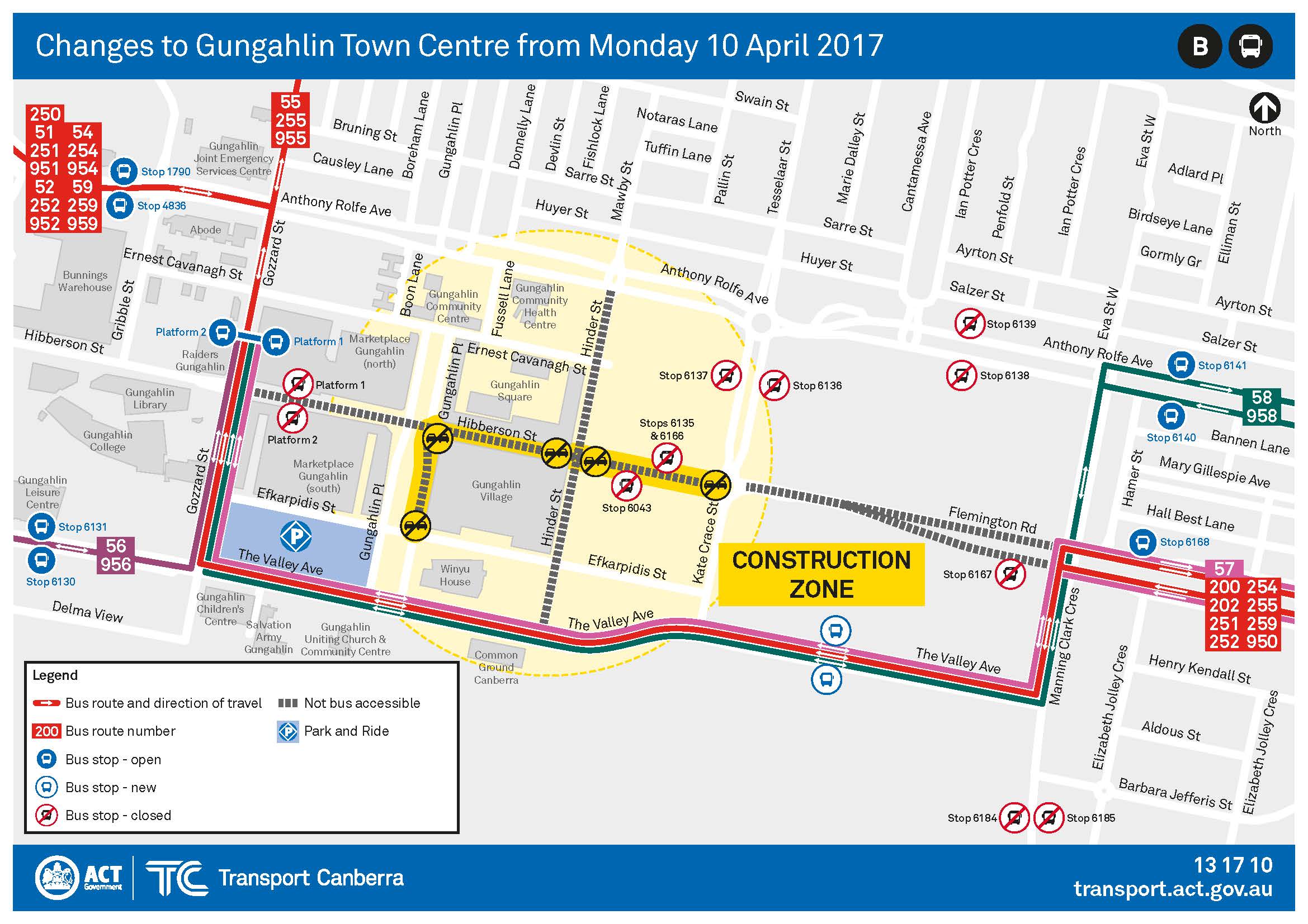Map of bus diversions in Gungahlin Town Centre from 10 April 2017