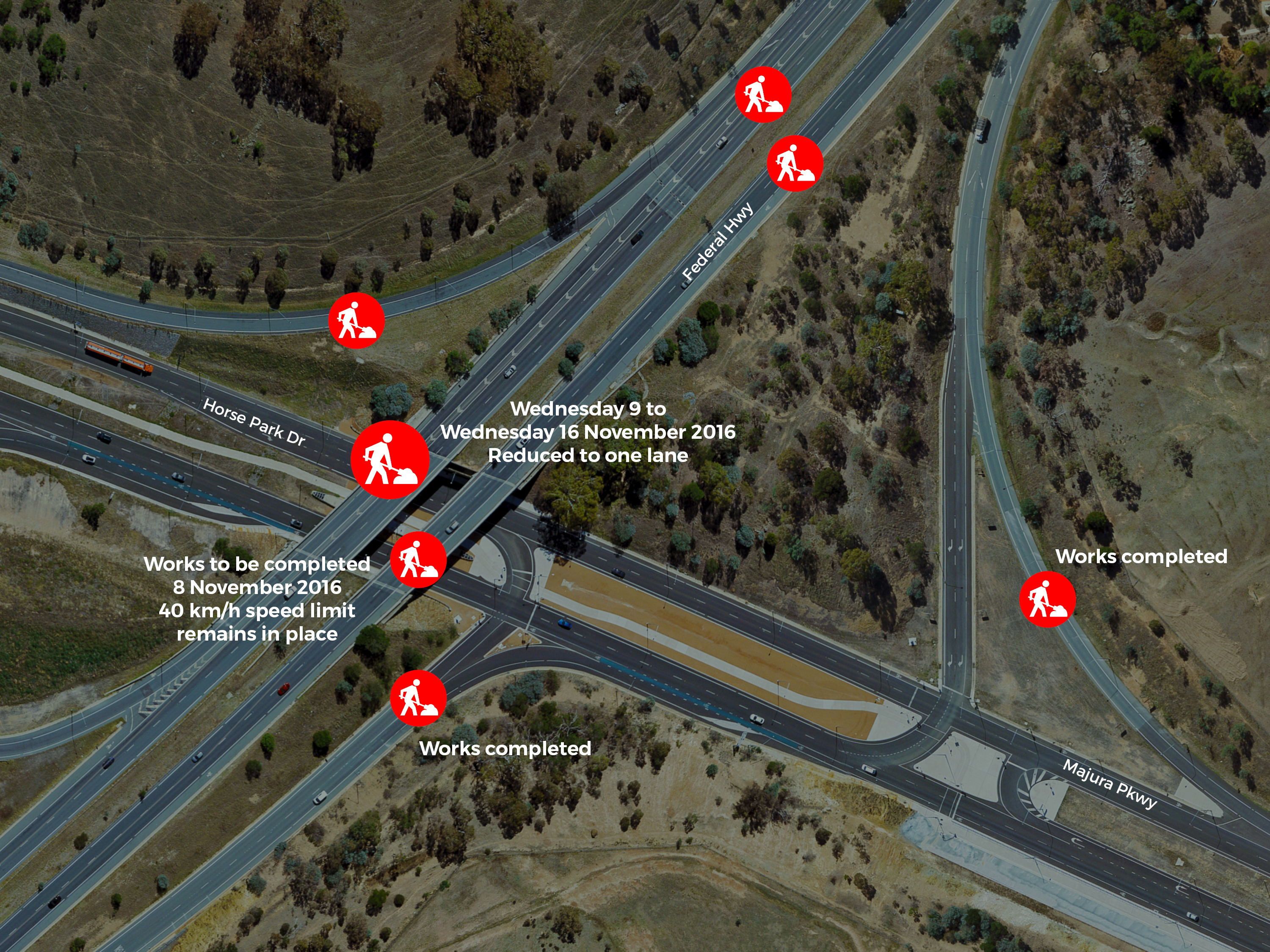 Horse Park Drive eastbound at the Federal Highway overpass will be reduced to one lane with the northern lane closed daily between 9.30 am and 6 pm from Wednesday 9 to Friday 11 November 2016 (inclusive, weather permitting).
