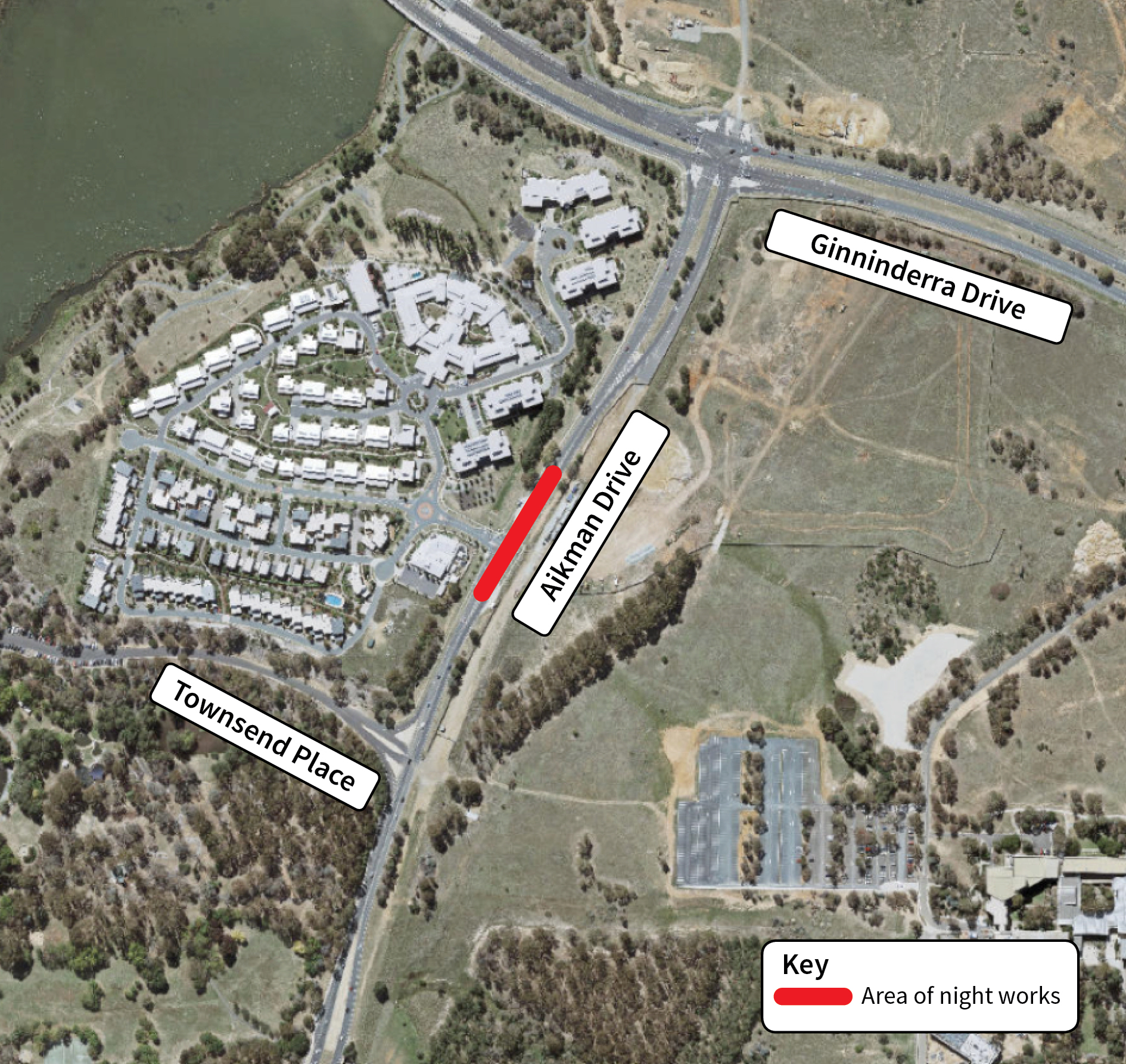 Map of night road works on Aikman Drive, Belconnen.
